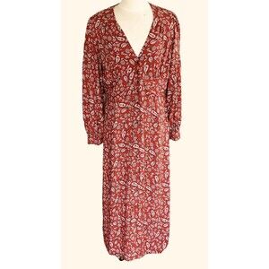 Boden Women 12 Brown Floral Blouson Sleeve V-Neck Button Up Closure Maxi Dress